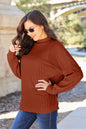 Turquoise ribbed knit mock neck top by Trendsi featuring exposed seams and a fitted full-size design.
