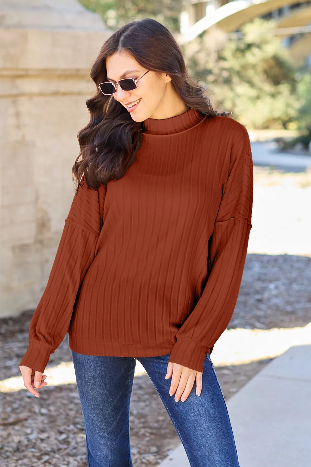 Turquoise ribbed knit top by Trendsi with exposed seam detail and mock neck, full-size, stylish and casual for everyday wear.