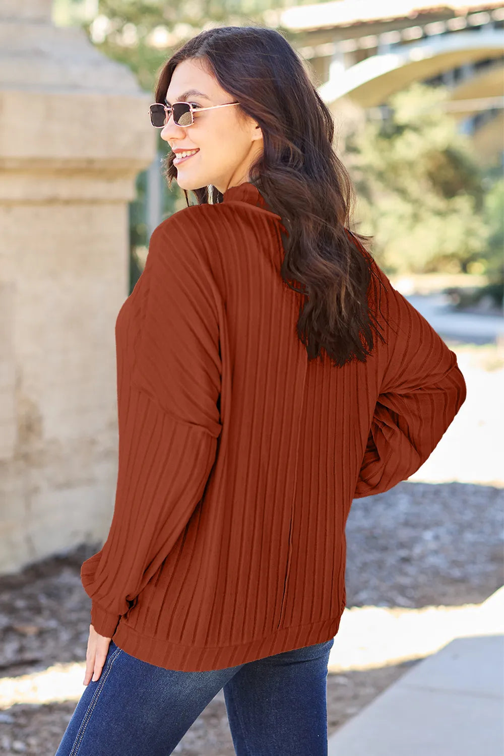 Turquoise Trendsi Basic Bae ribbed mock neck knit top with exposed seams, full size, fitted and stylish for casual wear.