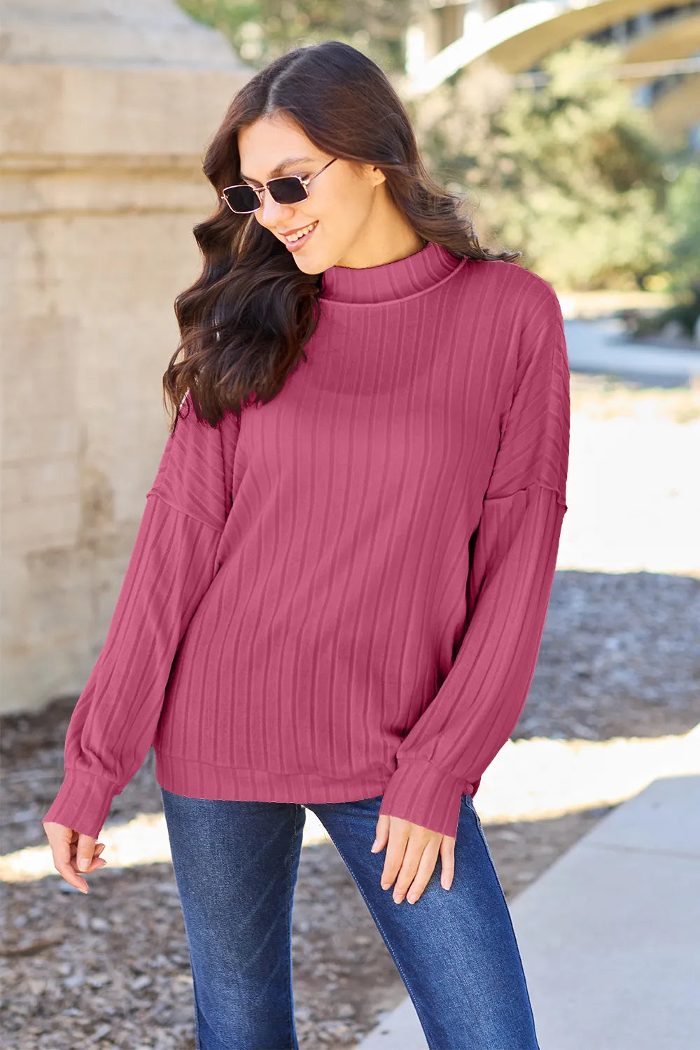 Turquoise ribbed knit mock neck top with exposed seams, full size, by Trendsi, featuring a fitted design and long sleeves.