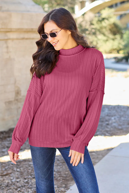 Turquoise ribbed knit mock neck top with exposed seams, full size, by Trendsi, featuring a fitted design and long sleeves.