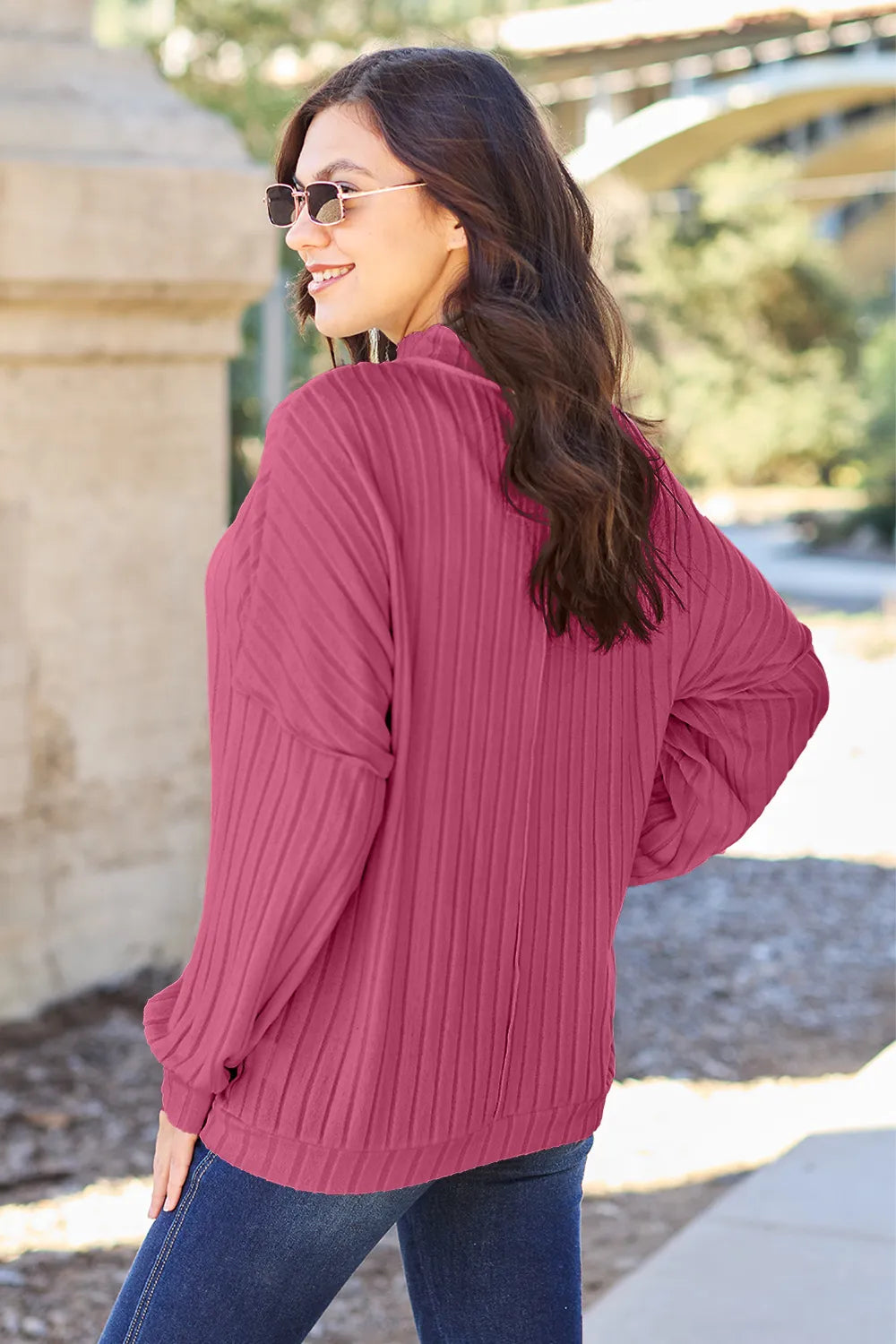 Turquoise ribbed knit top with exposed seam and mock neck, full size, from Trendsi's Basic Bae collection.