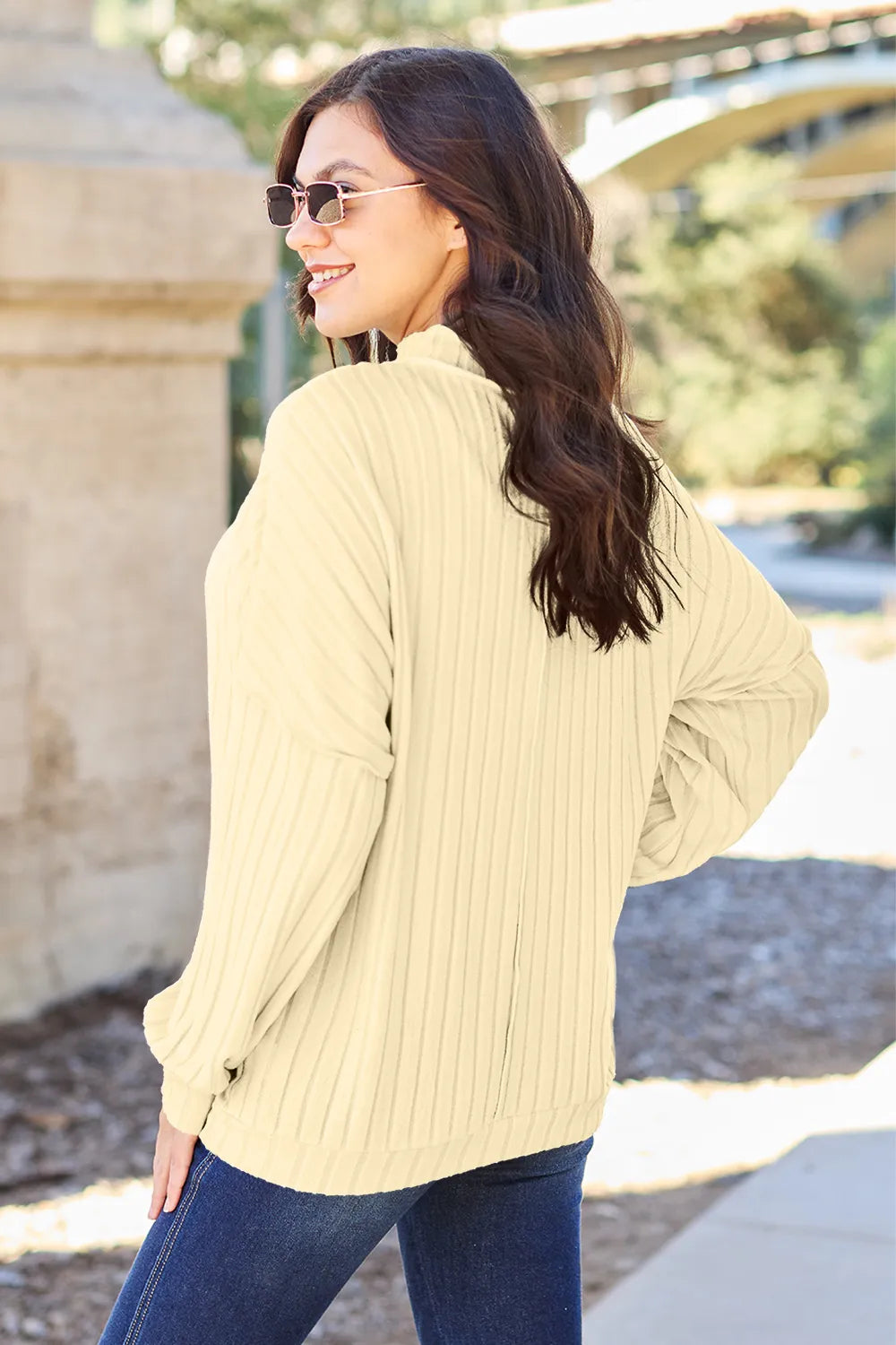 Turquoise ribbed knit mock neck top with exposed seam from Trendsi, featuring a fitted full-size design and long sleeves.