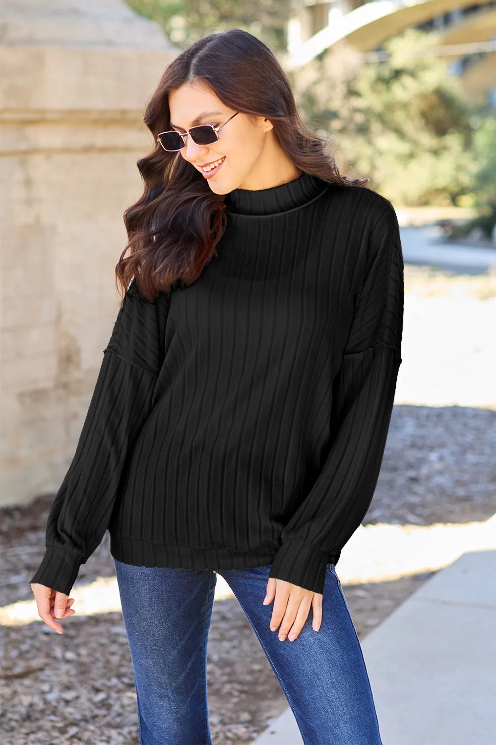 Turquoise ribbed knit top by Trendsi with exposed seams and mock neck, full size, casual style.