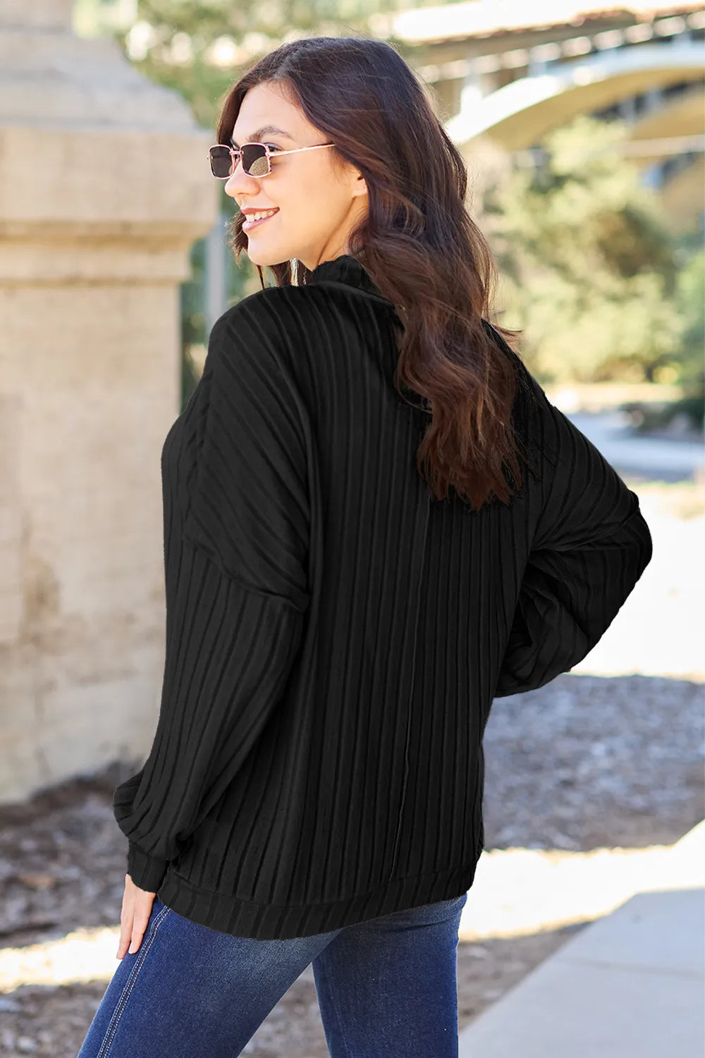 Turquoise ribbed knit mock neck top with exposed seam details, full size, from Trendsi's Basic Bae collection.