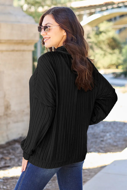 Turquoise ribbed knit mock neck top with exposed seam details, full size, from Trendsi's Basic Bae collection.