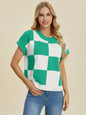 Turquoise checkered round neck short sleeve sweater from Trendsi, featuring a full-size, stylish design and comfortable fit.