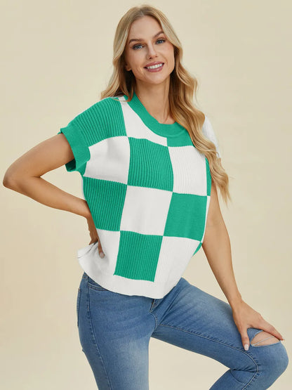 Turquoise double take checkered round neck short sleeve sweater by Trendsi, full size, casual knit with bold pattern.
