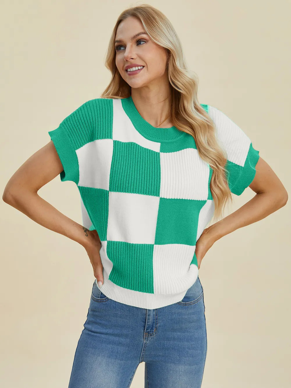 Turquoise checkered round neck short sleeve sweater by Trendsi, full size, casual knit with a stylish pattern and comfortable fit.