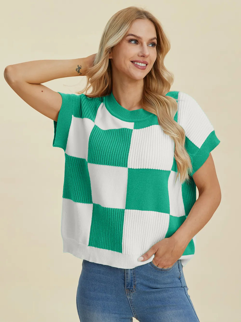 Turquoise checkered round neck short sleeve sweater by Trendsi, full size, casual knit with a stylish pattern.