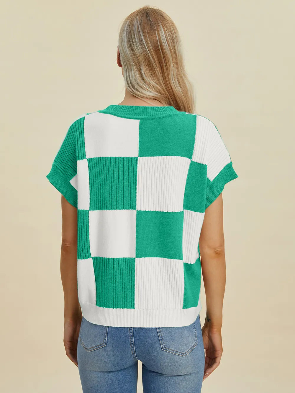 Turquoise checkered round neck short sleeve sweater by Trendsi, full size, casual style, lightweight knit fabric.