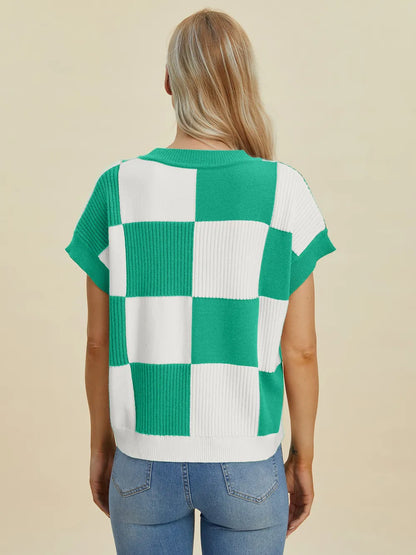 Turquoise checkered round neck short sleeve sweater by Trendsi, full size, casual style, lightweight knit fabric.