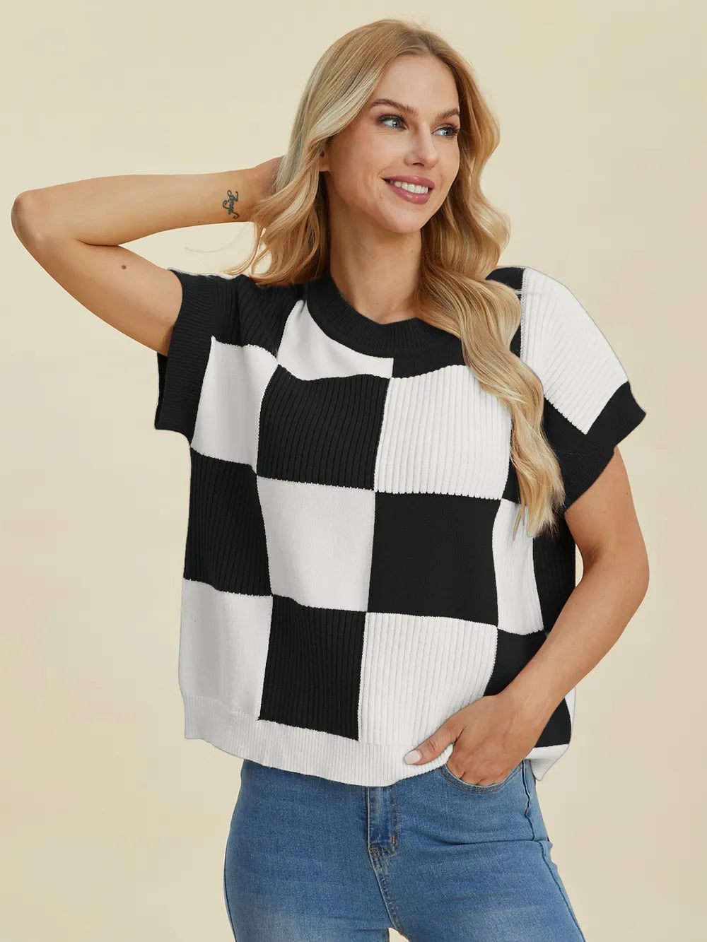 Turquoise checkered round neck short sleeve sweater from Trendsi, stylish and comfortable full-size sweater with a classic pattern.