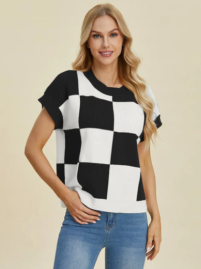 Turquoise double take checkered round neck short sleeve sweater by Trendsi, full size, casual knit with bold checkered pattern.