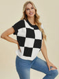 Turquoise checkered round neck short sleeve sweater by Trendsi, full size, casual knit with bold pattern and comfortable fit.
