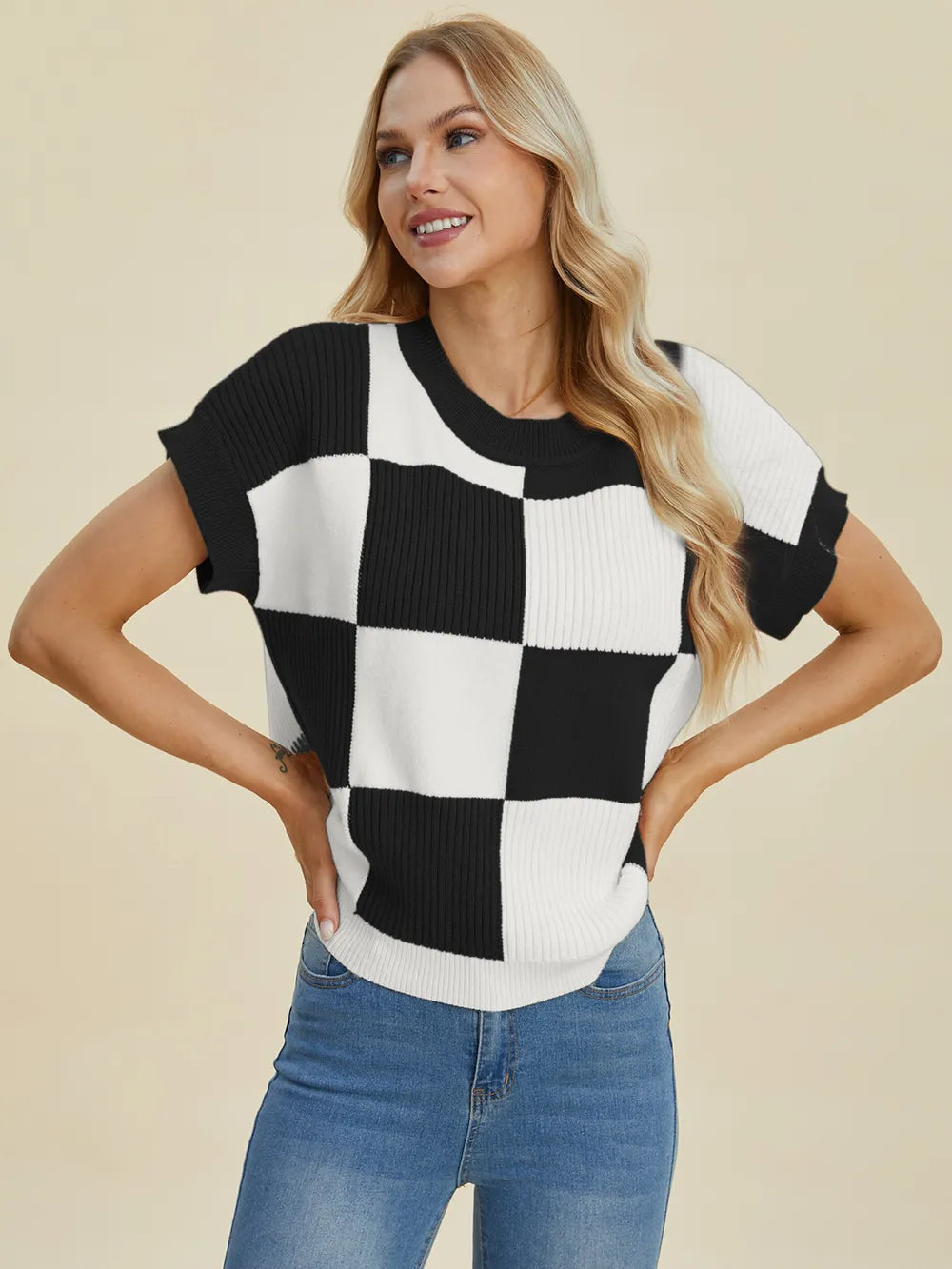 Turquoise checkered round neck short sleeve sweater from Trendsi, double take full size, casual cozy knit top.