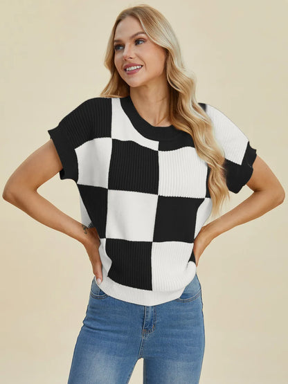 Turquoise checkered round neck short sleeve sweater from Trendsi, double take full size, casual cozy knit top.