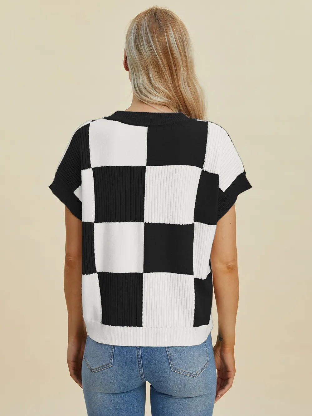 Turquoise checkered round neck short sleeve sweater by Trendsi, full size, casual knit with bold pattern and comfortable fit.