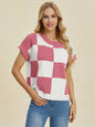 Turquoise checkered round neck short sleeve sweater by Trendsi, full size, casual knit with a stylish pattern and comfortable fit.