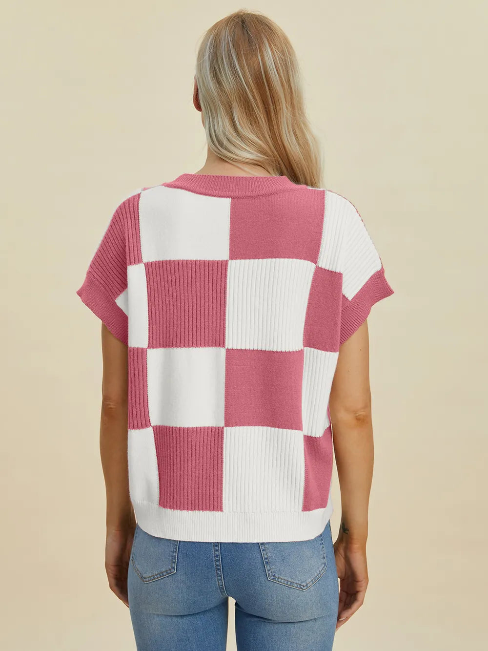 Turquoise checkered round neck short sleeve sweater by Trendsi, full size, casual knit with a relaxed fit and bold pattern.