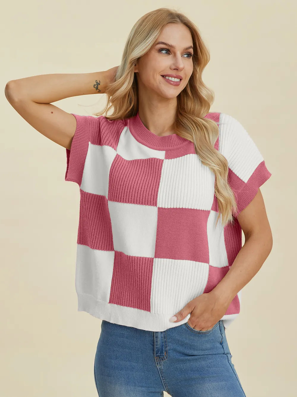 Turquoise double take checkered round neck short sleeve sweater by Trendsi, full size, casual knit with a stylish pattern.