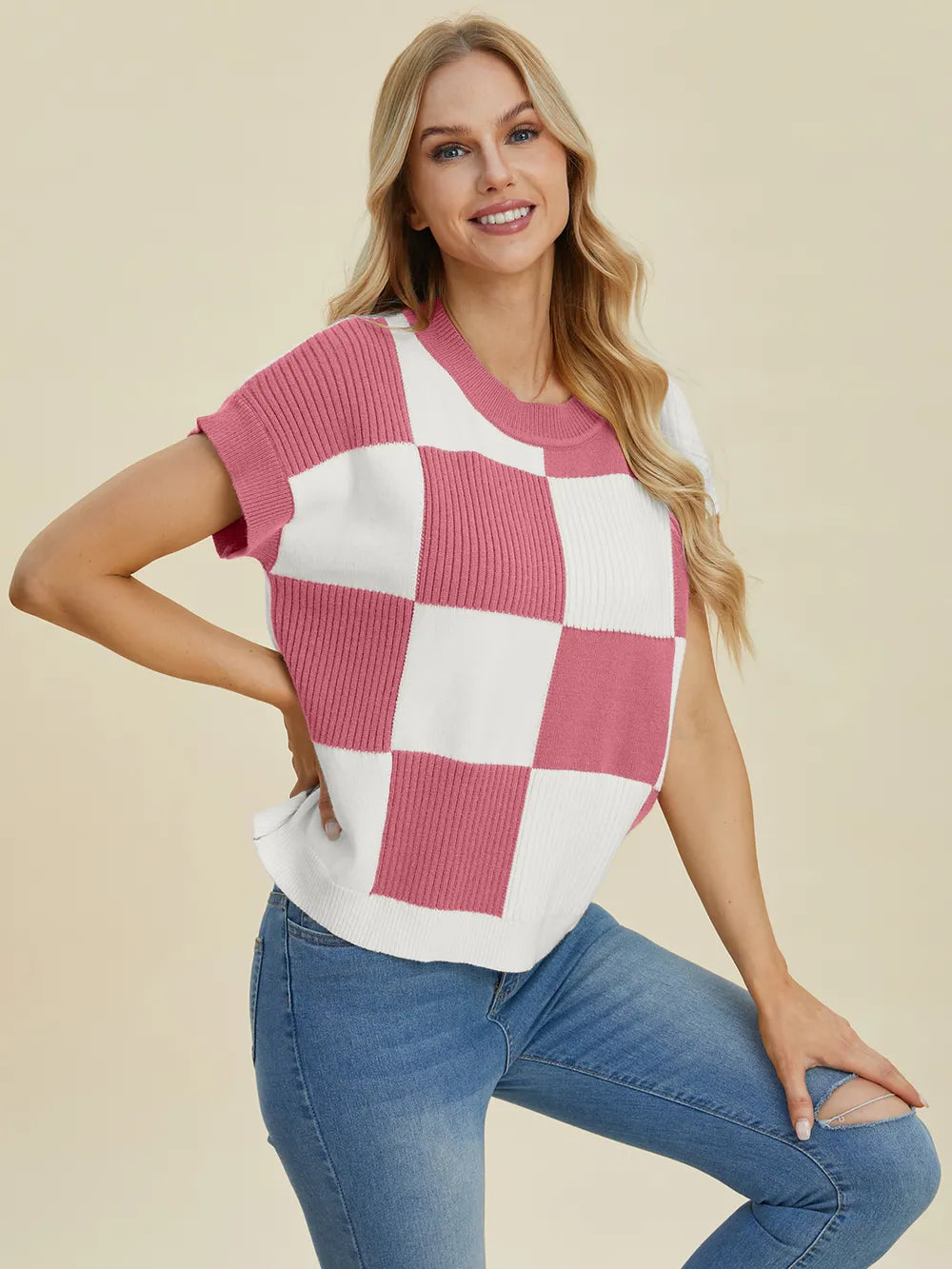 Turquoise double take checkered round neck short sleeve sweater by Trendsi, full size, casual knit with bold checkered pattern.