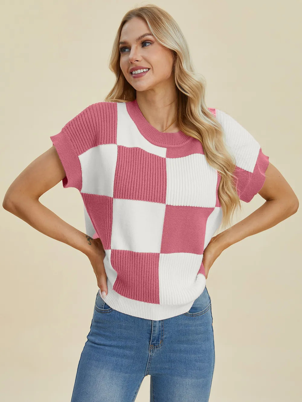 Turquoise checkered round neck short sleeve sweater from Trendsi, double take full size, casual and stylish for everyday wear.