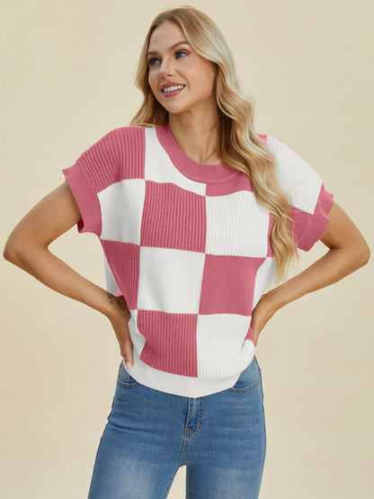 Turquoise checkered round neck short sleeve sweater from Trendsi, double take full size, casual and stylish for everyday wear.