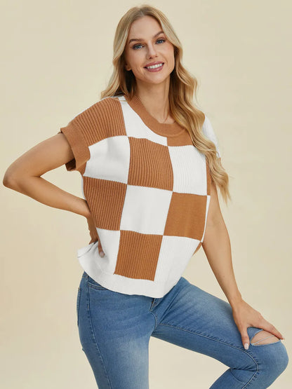 Turquoise checkered round neck short sleeve sweater by Trendsi, full size, stylish casual knit top with bold pattern.