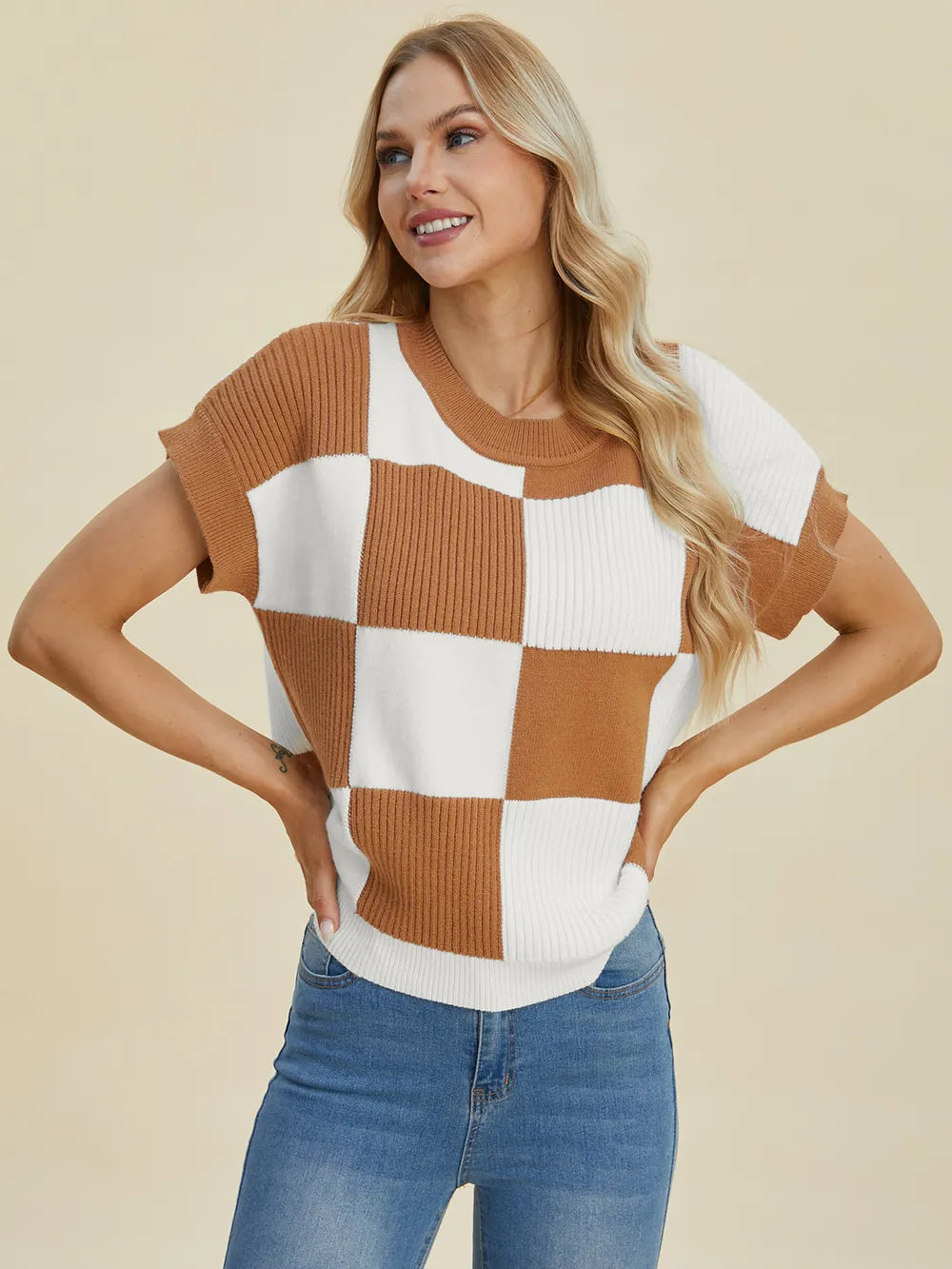 Turquoise checkered round neck short sleeve sweater from Trendsi, featuring a full size and classic design.