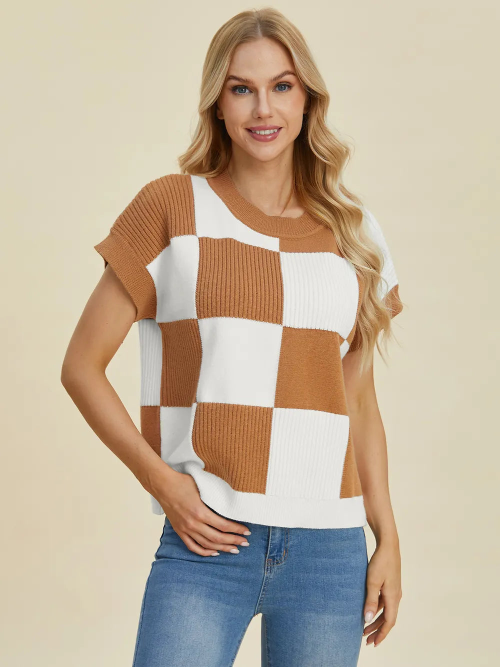 Turquoise checkered round neck short sleeve sweater by Trendsi, full size, stylish and comfortable for casual wear.