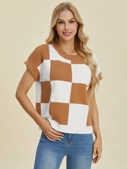 Turquoise checkered round neck short sleeve sweater by Trendsi, full size, stylish and comfortable for casual wear.