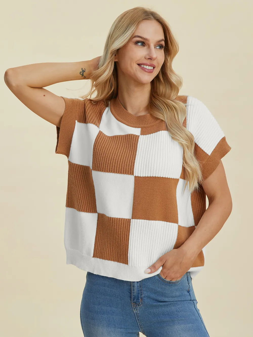 Turquoise checkered round neck short sleeve sweater by Trendsi, featuring a full size fit and classic pattern.