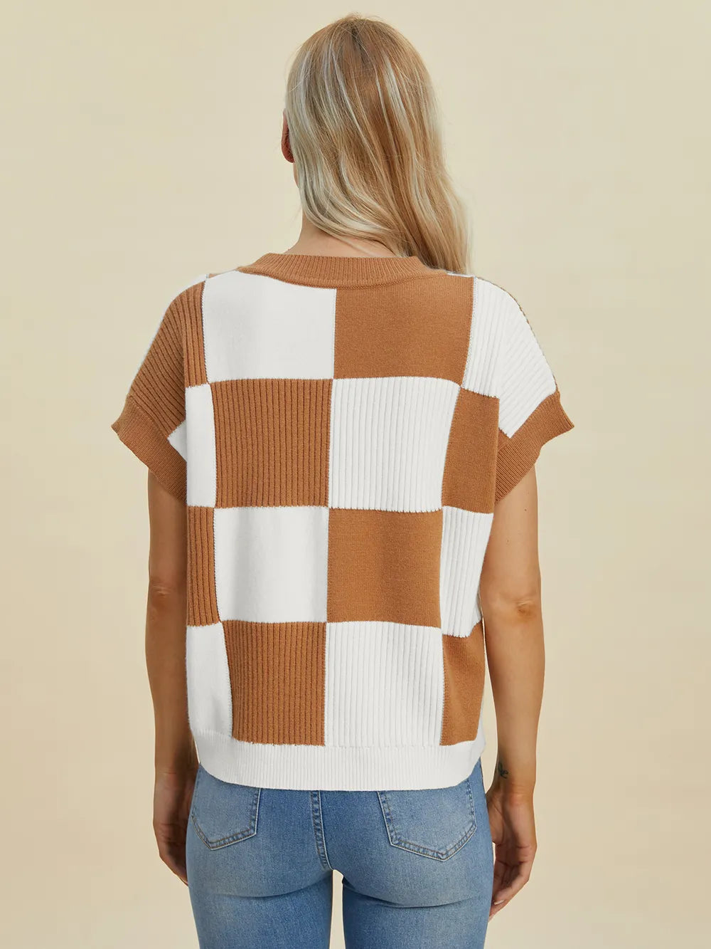 Turquoise double take checkered round neck short sleeve sweater by Trendsi, full size, casual knit with bold checkered pattern.