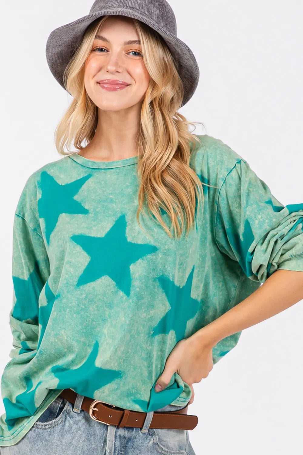 Turquoise Sage and Fig mineral wash star pattern T-shirt from Trendsi, casual short-sleeve shirt with distressed look.