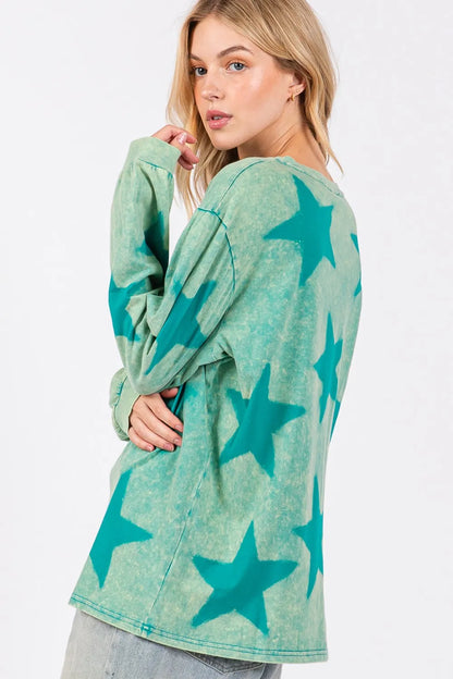 Turquoise Sage and Fig mineral wash star pattern T-shirt from Trendsi, featuring a casual fit and celestial star design.