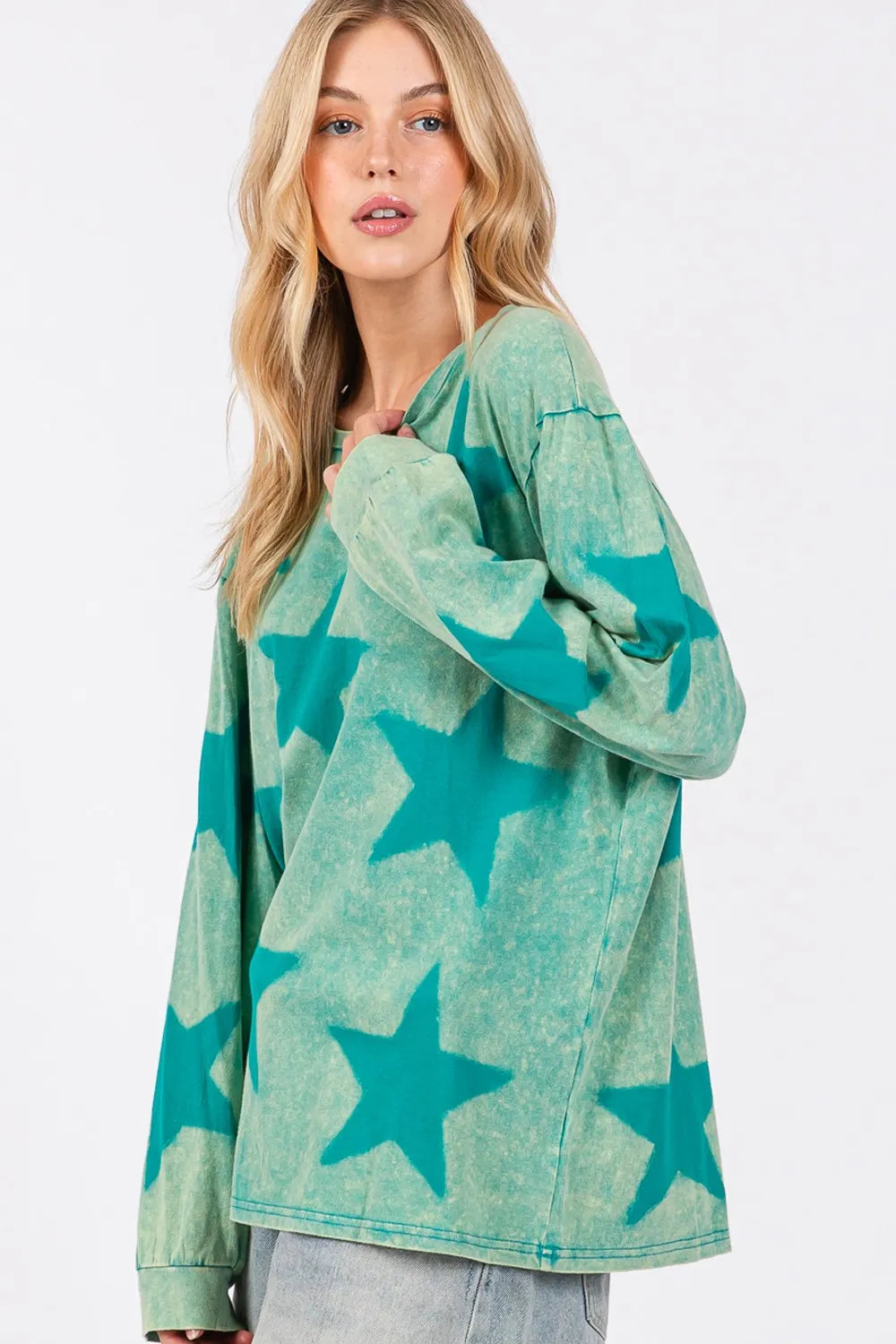 Turquoise SAGE + FIG Mineral Wash Star Pattern T-Shirt with soft fabric and casual fit, featuring a star design on the front.