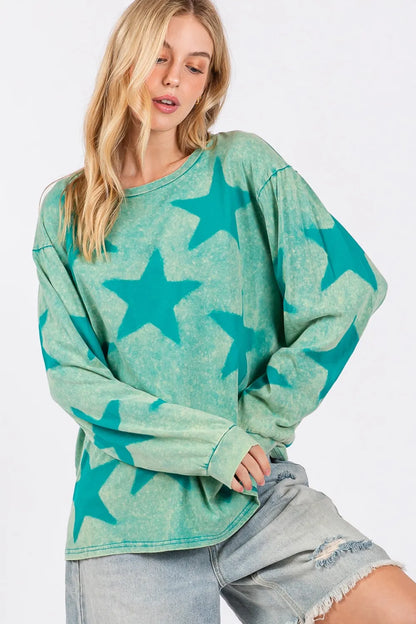 Turquoise Sage and Fig mineral wash star pattern T-shirt by Trendsi, featuring a casual fit and star graphic design.