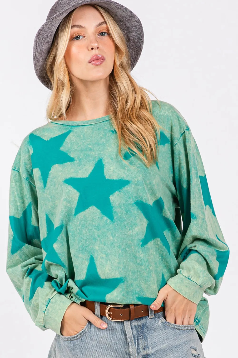 Turquoise Sage and Fig mineral wash Star Pattern T-shirt from Trendsi, featuring a casual fit and star print design.