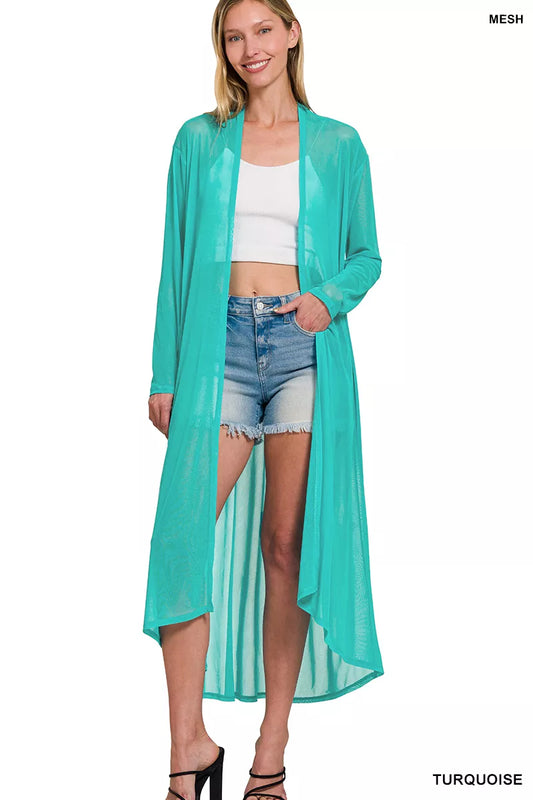 Turquoise Zenana mesh open front cardigan with long sleeves, lightweight and breathable, styled with a casual, relaxed fit.