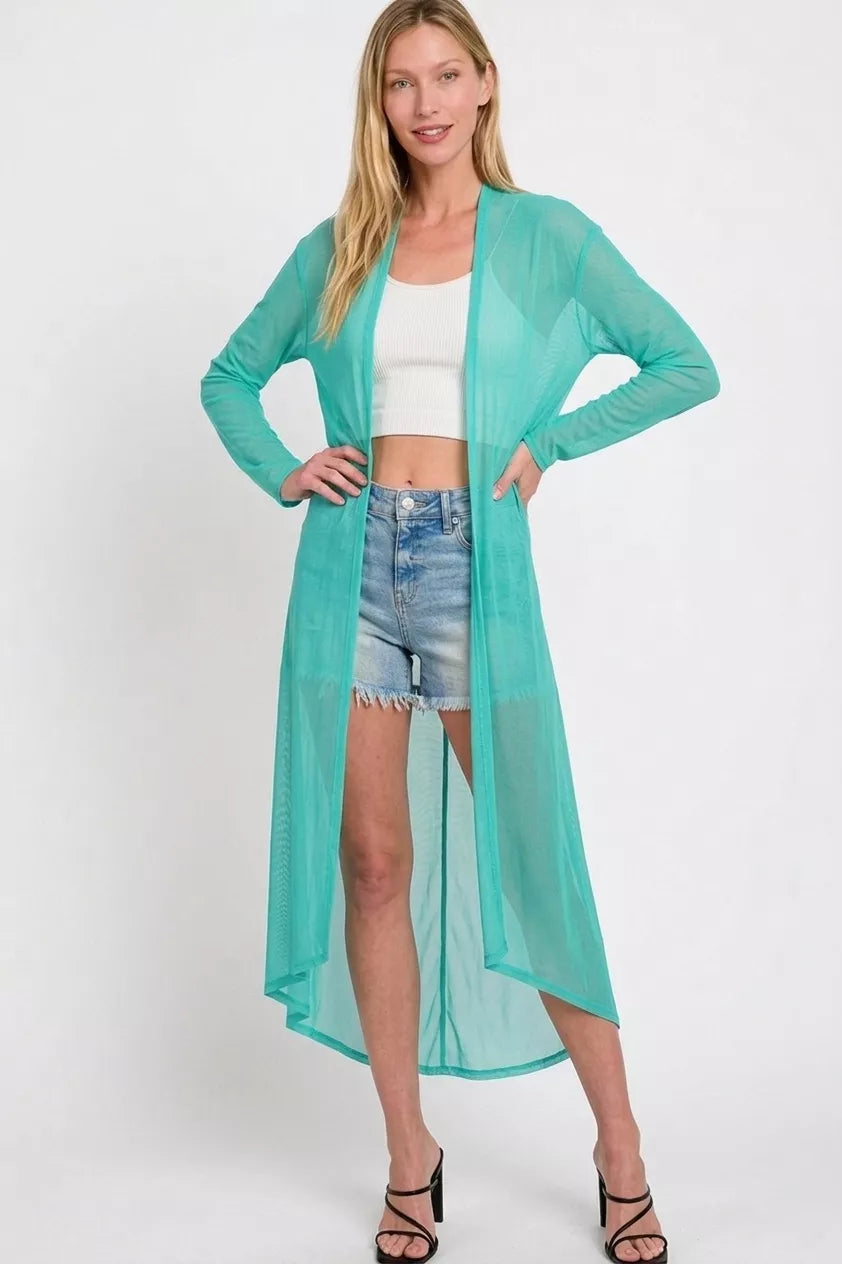 Turquoise Zenana Mesh Open Front Cardigan by Trendsi, lightweight with a relaxed fit, displayed on a model.