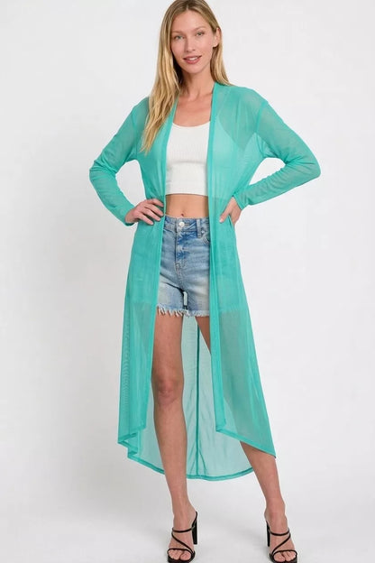 Turquoise Zenana Mesh Open Front Cardigan by Trendsi, lightweight with a relaxed fit, displayed on a model.