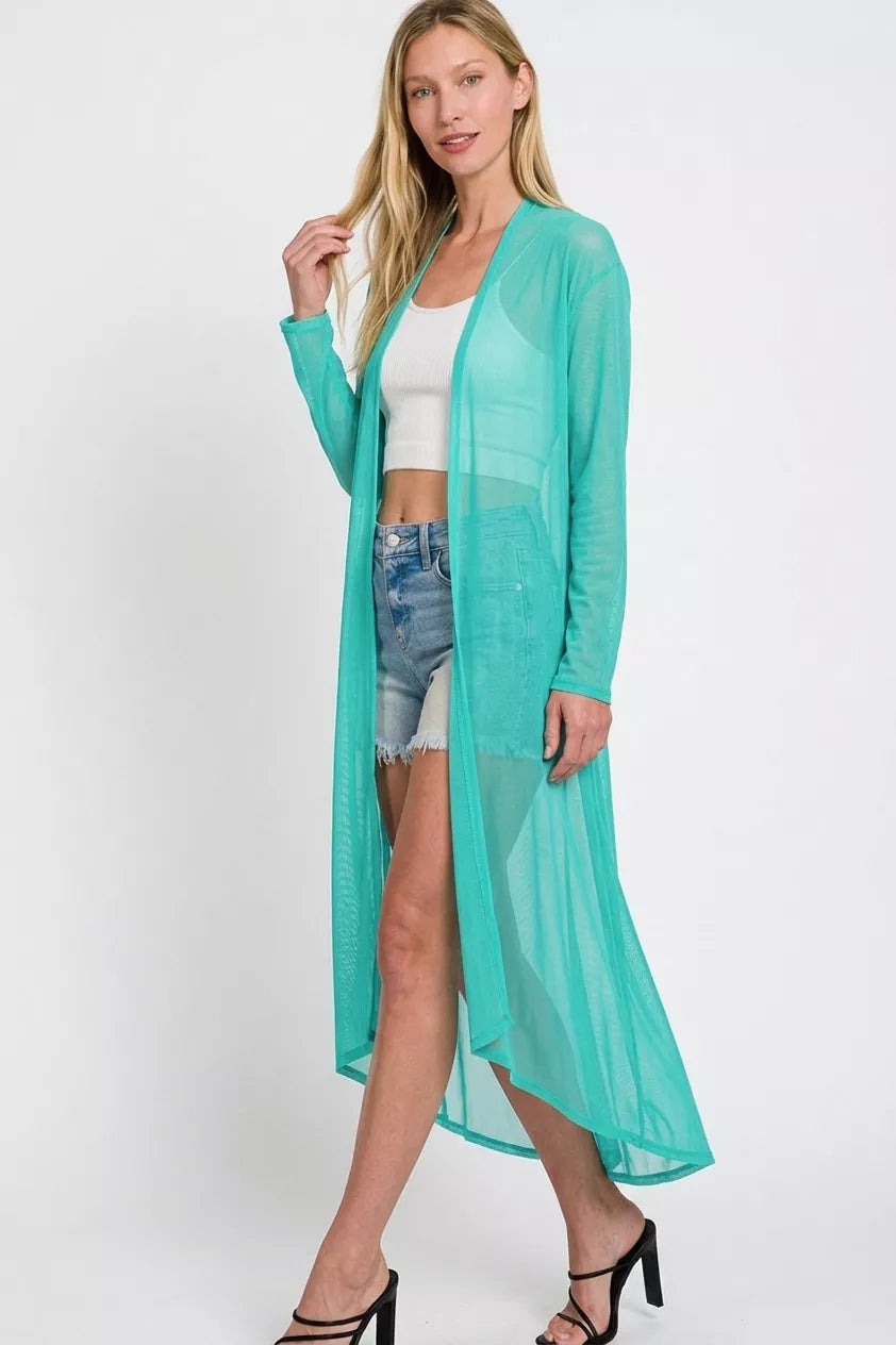 Turquoise Zenana Mesh Open Front Cardigan with long sleeves, lightweight and breathable, styled on a model.