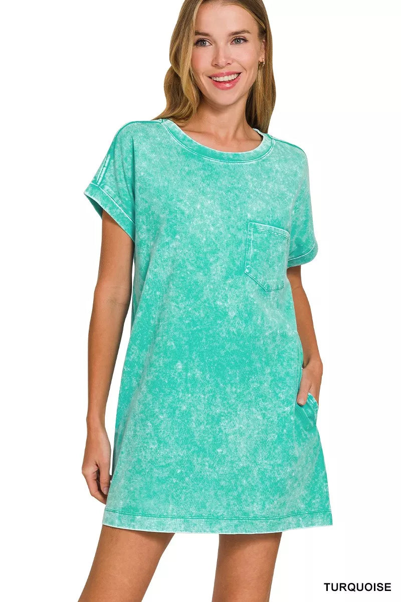 Turquoise Zenana Premium Cotton Washed T-Shirt Dress by Trendsi displayed on a mannequin, showcasing a casual, relaxed fit.