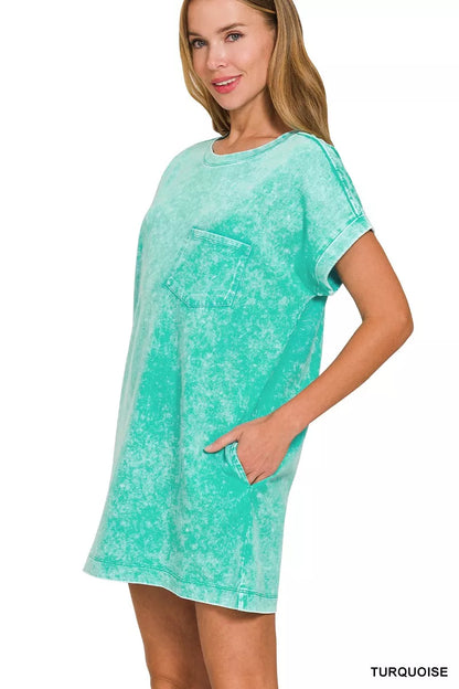 Turquoise Zenana Premium Cotton Washed T-Shirt Dress by Trendsi, casual short-sleeve dress with a relaxed fit and soft fabric.