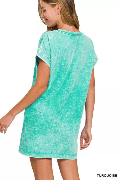 Turquoise Zenana Premium Cotton Washed T-Shirt Dress displayed on a model, showcasing a casual and comfortable everyday look.