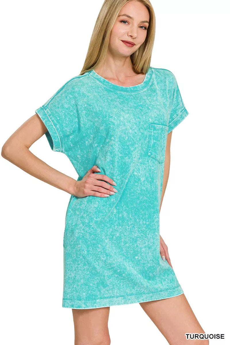 Turquoise Zenana Premium Cotton Washed T-Shirt Dress by Trendsi, casual short-sleeve dress made of soft, breathable cotton fabric.