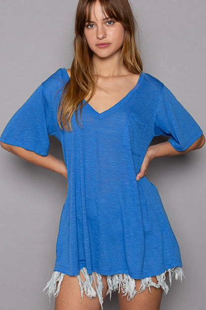 Trendsi ultramarine POL V-neck short sleeve T-shirt displayed on a mannequin, showcasing casual men's summer fashion.