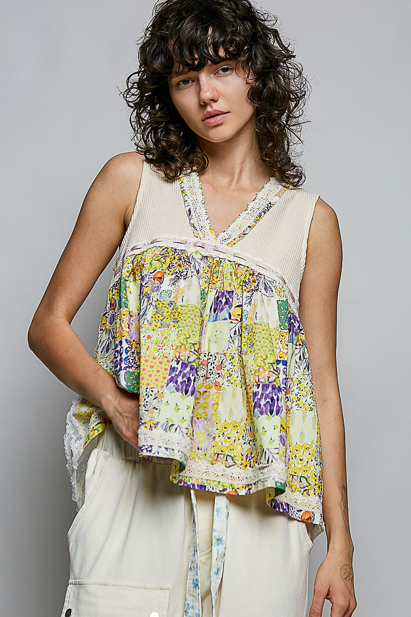 Trendsi POL floral V-neck sheer tank top with lace trim, cream color, lightweight and stylish for layered or casual wear.