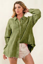 Vintage olive green BiBi raw edge loose fit shirt by Trendsi with mineral wash and detailed design, casual and stylish for everyday wear.